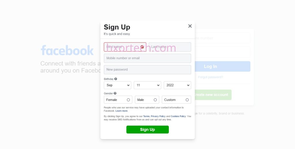 تسجيل الدخول لفيس بوك صفحة إدخال المعلومات الشخصية